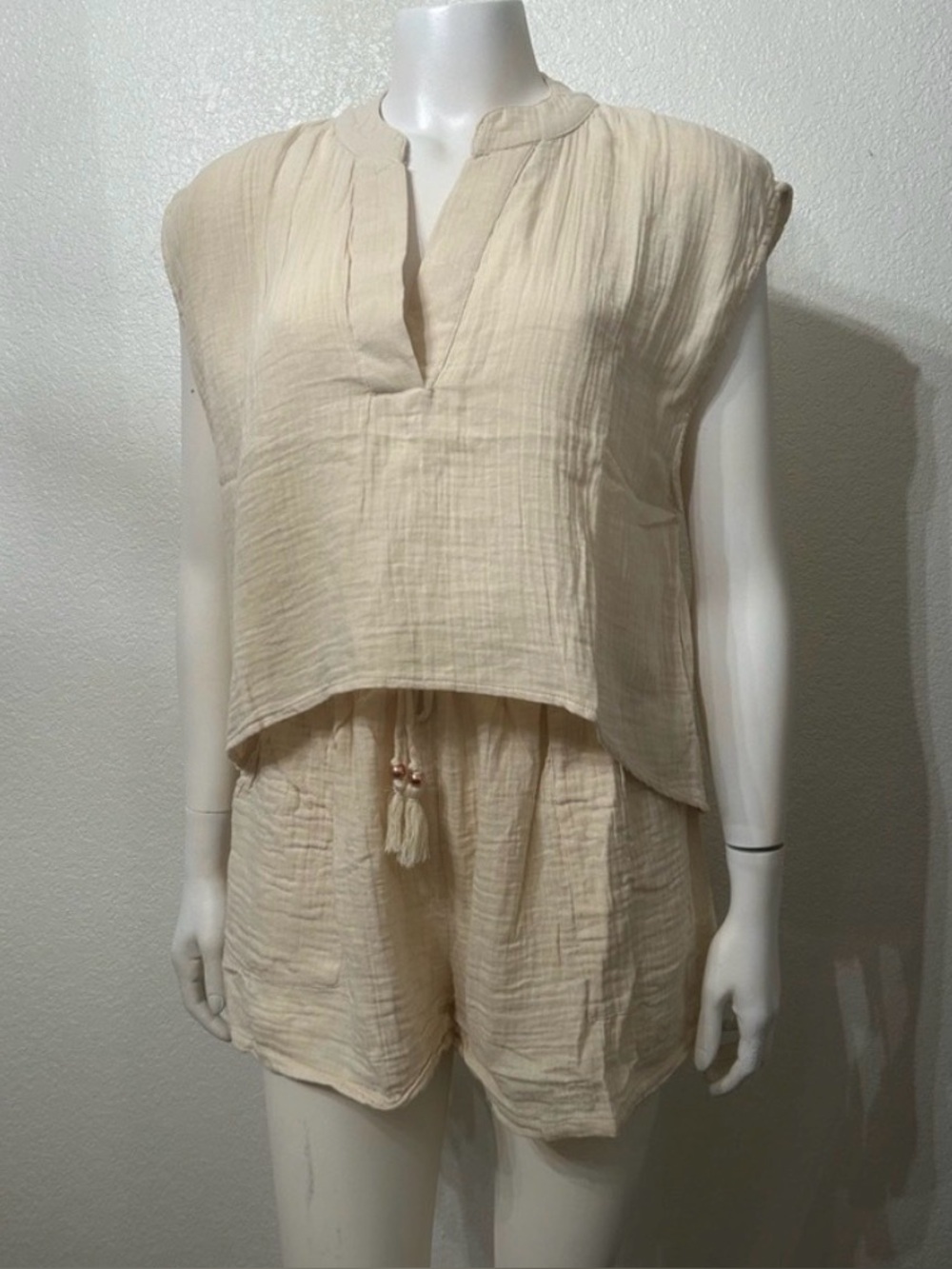 Cream Gauze Cliffside V-Neck Airy Top Two-Piece Top & Shorts Set
